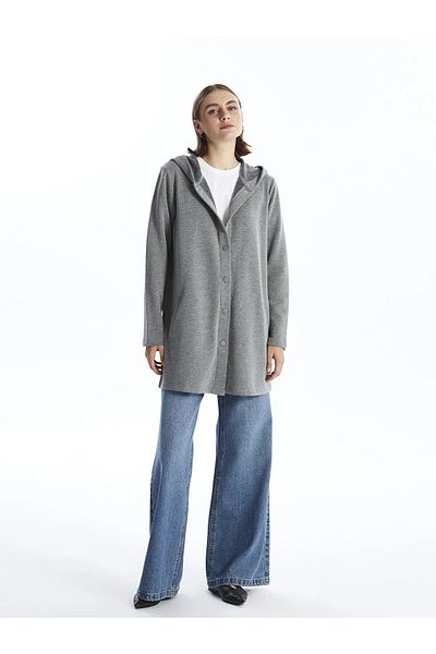 LC Waikiki Anthracite Melange Hooded Basic Women's Cardigan