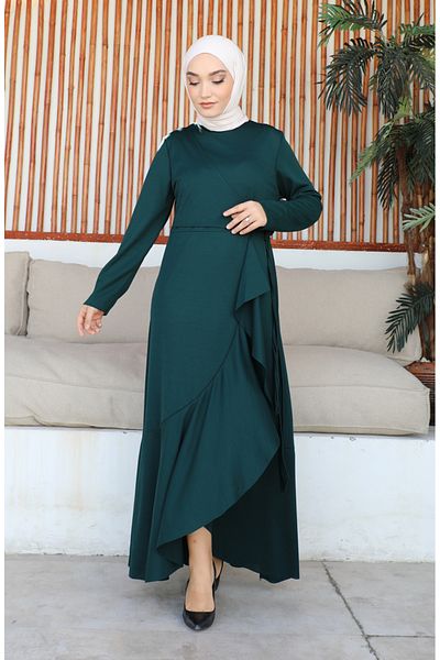 sefamerve Emerald Green Flounce Dress - Side Tie, 1907-02 Model