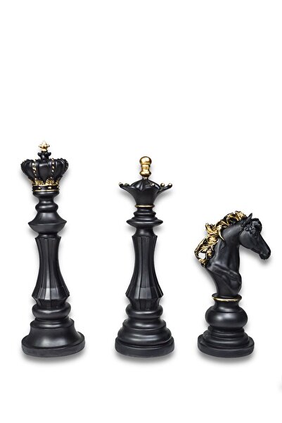 İstoç AVM Biblo Satranç Taşları Takımı 3'lü Set Lüks Tasarım ŞAH VEZİR AT Siyah