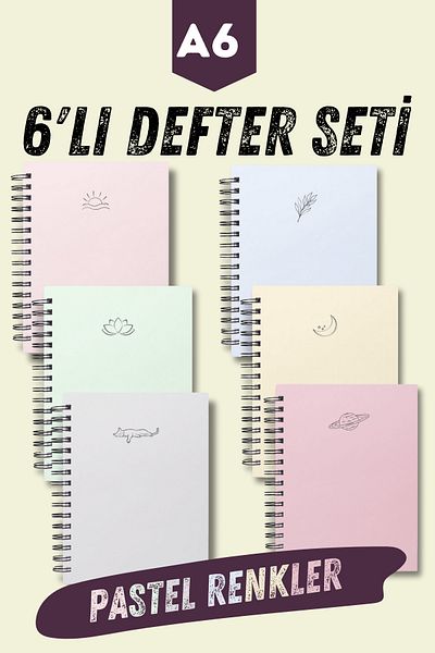 Craft 6 Pieces A6 Spiral Unlined Notebook Set - Steel Spiral, 80 Sheets, Hard Cardboard Cover