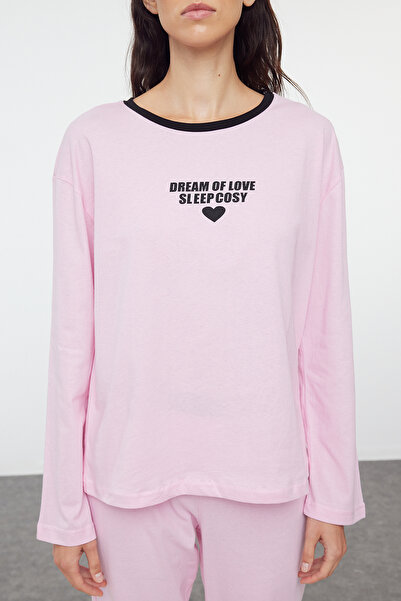 Trendyol Collection Szív rózsaszín pamut szlogen pizsama szett - THMAW25PT00066