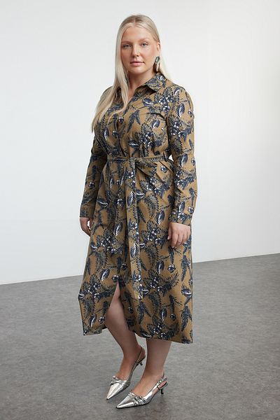 Trendyol Curve Khaki színű női virágos Midi gombos öves szőtt nagy méretű ingruha
