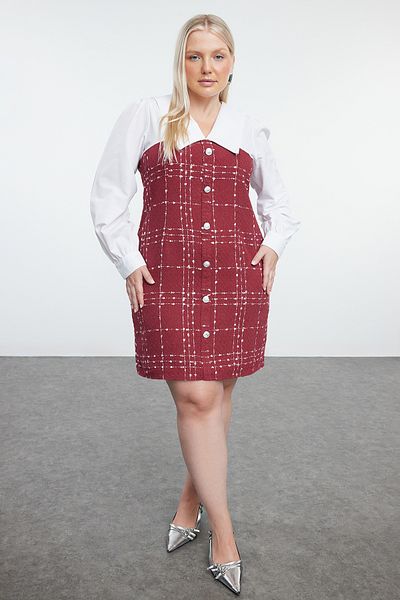 Trendyol Curve Burgundy Tweed Woven Plus Size Dress Tbbaw24Ah00026