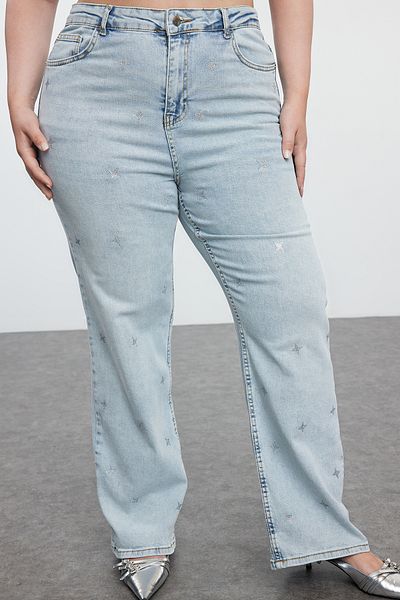 Trendyol Curve Ψηλόμεση Star Print Plus Size Jeans - Ανοιχτό μπλε ίσια εφαρμογή TBBAW25CJ00014