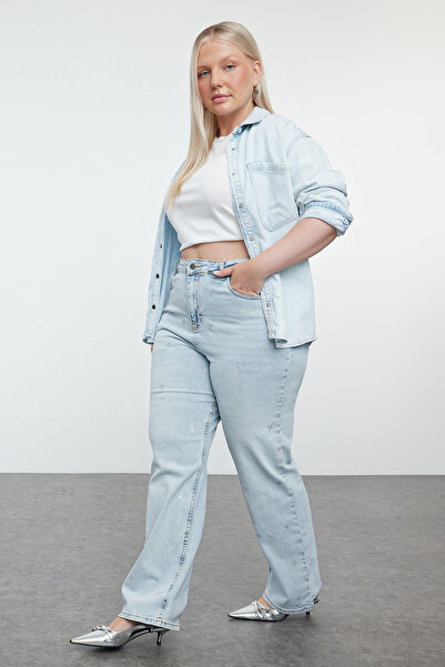 Trendyol Curve Blugi cu talie înaltă cu imprimeu cu stele, talie mare - albastru deschis, dreptate, TBBAW25CJ00014