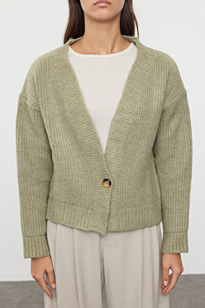 Trendyol Collection Miękki, teksturowany, głęboki kardigan z dzianiny - Khaki Twoaw25Hi00064