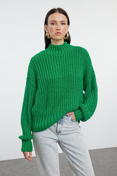 Trendyol Collection Zöld Soft Knitwear Crop pulóver – vastag kötött részlet, TWOAW25KZ00061