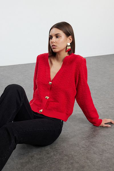 Trendyol Collection Knitwear Red Rose Cardigan - Button Detail, TWOAW25HI00249