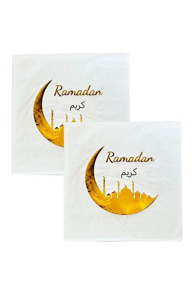 Parti dolabı 16 Pieces Ramadan Kareem Gold Shiny Napkin Gold Leaf Ramadan Themed Iftar Table Religious Ornament 16x16 Cm
