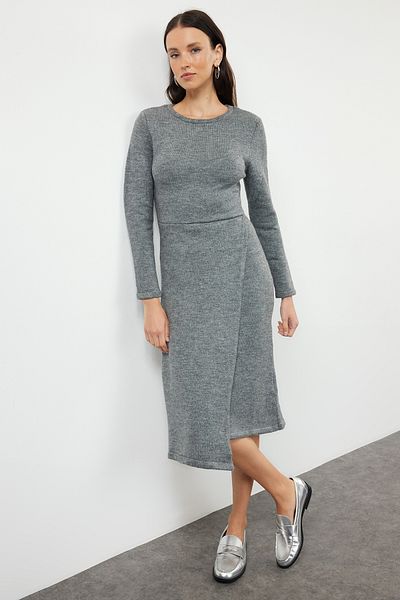 Trendyol Collection Soft Textured Anthracite Midi Knitwear Double Breasted Dress - Twoaw25El00041