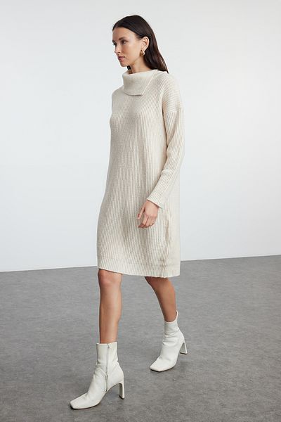 Trendyol Collection Μίνι πλεκτό φόρεμα με κολάρο - στρας, απαλή υφή TWOAW25EL00020