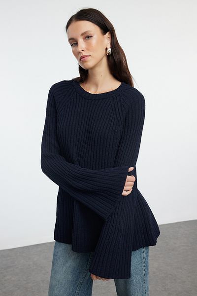 Trendyol Collection Sötétkék kötöttáru pulóver Peplum részletekkel - széles szabású, fenntartható TWOAW25KZ00305