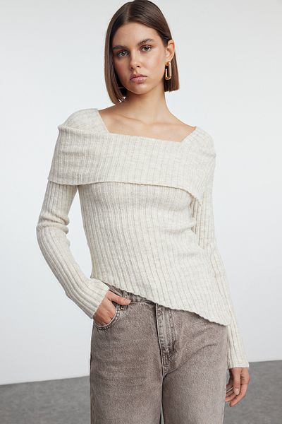 Trendyol Collection Pulover tricotat asimetric cu detaliu decolteu și tiv - Textura piatră TWOAW25KZ00239