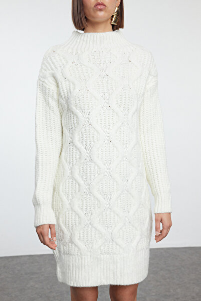 Trendyol Collection Soft Textured Mini Knitwear Hair Knitted Dress - Ecru Twoaw25El00067