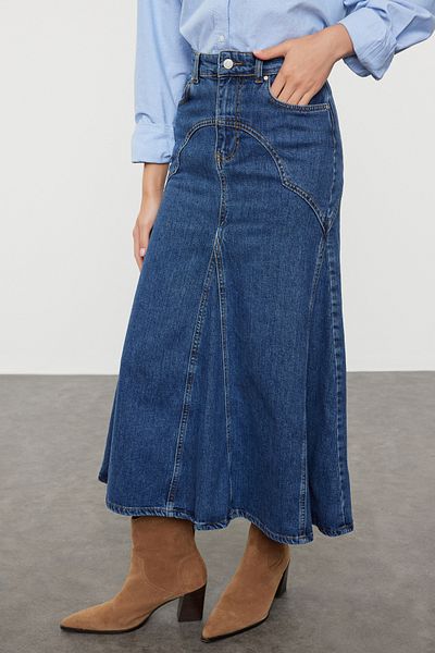Trendyol Collection Sötétkék varrás részletes Maxi farmer szoknya TWOAW25ET00056