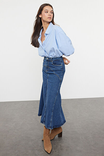 Trendyol Collection Dark Blue Stitching Detail Maxi Denim Skirt Twoaw25Et00056