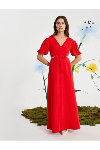 Koton Linen Blended Long Dress with Window Detail