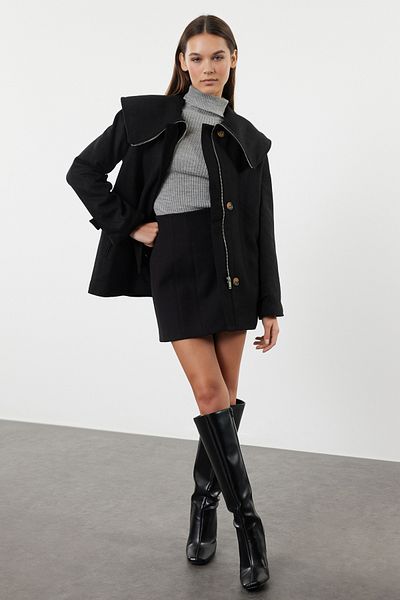Trendyol Collection Regular Fit Black Midi Coat - Collar Detailed Twoaw25kb00041