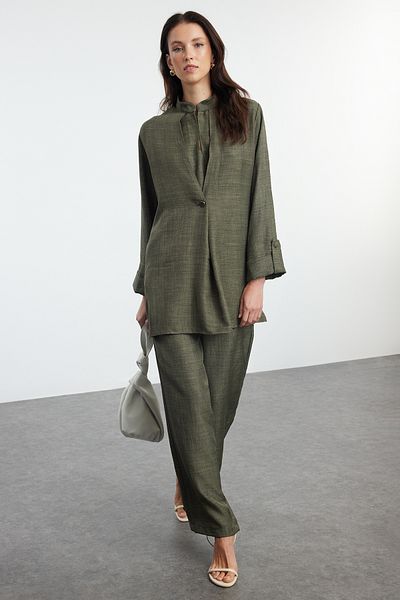 Trendyol Modest Oversize Khaki Linen Woven Set - Bottom-Top Set TCTAW25US00099