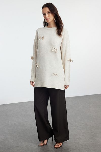Trendyol Modest Strickpullover - Steinfarbe, Schleifendetail, TCTAW25AK00054