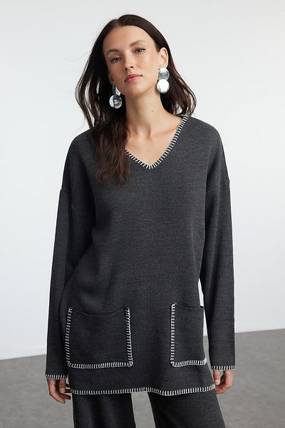 Trendyol Modest Anthracite Knitwear Top and Bottom Set - Shepherd's Stitch Detailed TCTAW25US00042