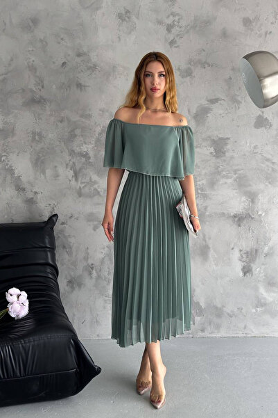 Neşeli Butik فستان شيفون نسائي بياقة مادونا مطوي - NBK2099