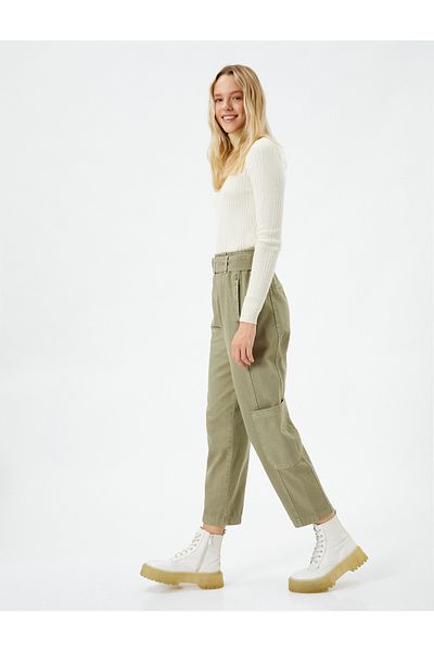Koton Cargo Pants Belted Gabardine Fabric Pocket Cotton