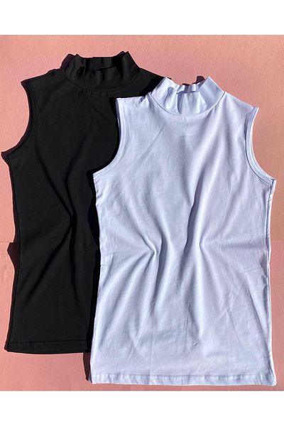 Ahmio Black and White 2-piece Turtleneck Sleeveless Women's Athlete-body