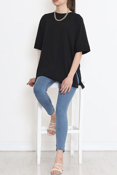 Moka Shopin تي شيرت أسود كبير الحجم بأكمام مزدوجة - MokaShopin 15788.253
