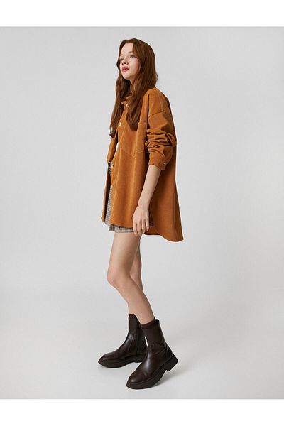 Koton Oversize Shirt Jacket Velvet Pocket Detailed Long Sleeve