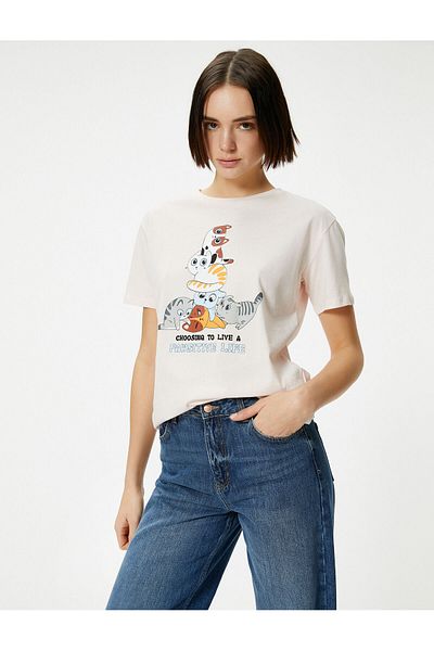 Koton Cat Printed T-Shirt Short Sleeve Crew Neck Cotton