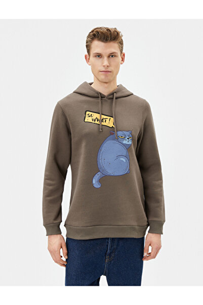 Koton Kapşonlu Sweat Kedi Baskılı Sloganlı Uzun Kollu