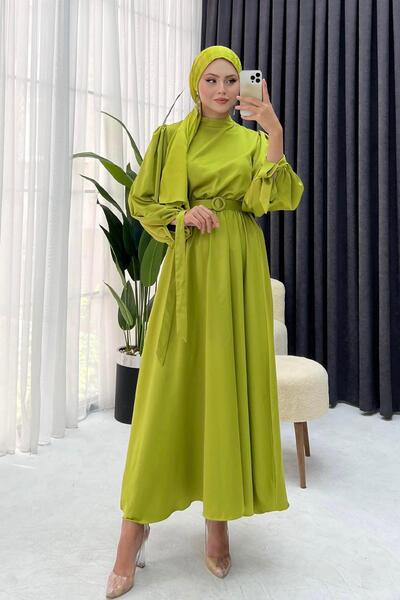 Modaensarbutik Satin Hijab Dress with Tied Sleeves and Belt - olive