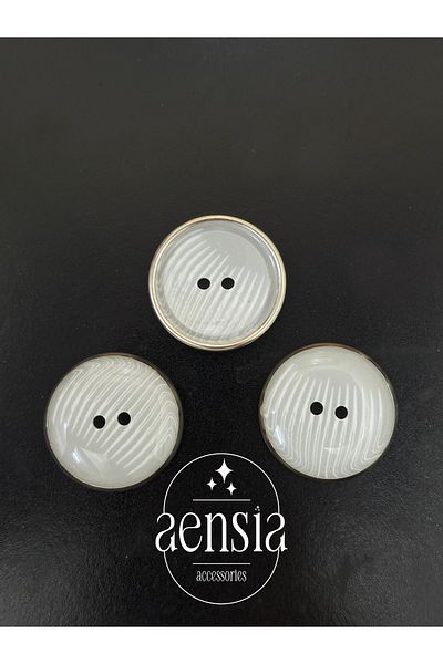 aensia White Striped Metal Fronth Around - 3.05 Cm Polyester Coat Button Pack of 3