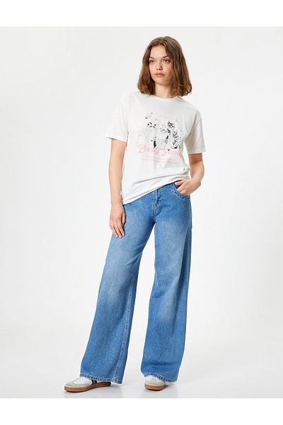 Koton Cotton Oversize Short Sleeve Cat Printed T-Shirt - Crew Neck