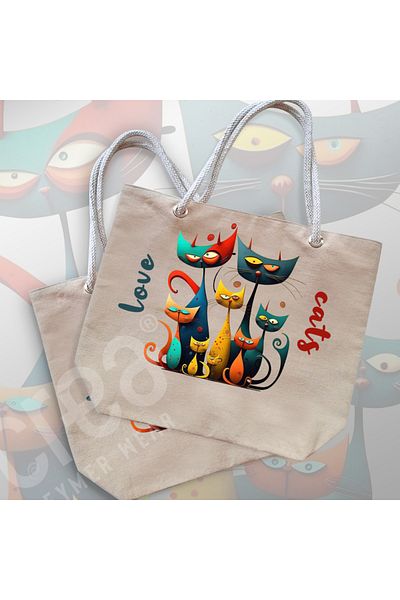 Crea Eymer Wear Βαμβακερή τσάντα παραλίας με εικονογραφικό σχέδιο γάτας