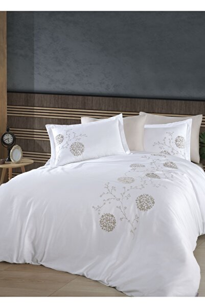 Dantela Sofia Pamuk Saten Jakarlı Çift Kişilik Nevresim Takımı - Beyaz