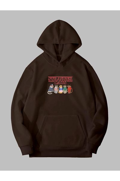 Harmandar Φούτερ με κουκούλα Unisex με στάμπα Stranger Cats - Καφέ, Hoodie Kangaroo Pocket