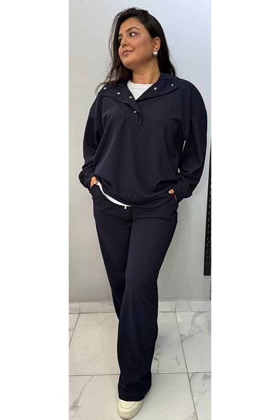 Butik Nilyam بنطلون نسائي مقاس كبير - تفاصيل ترصيع، سويت شيرت فضفاض، خصر مطاطي 24152