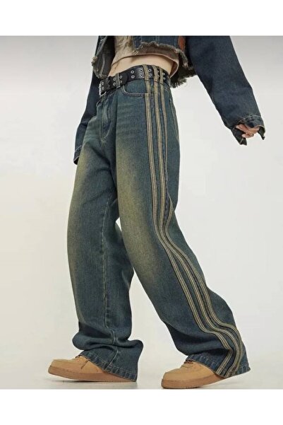 BİLBEC JEANS Μπλε φαρδύ τζιν - Vintage ριγέ λεπτομέρεια