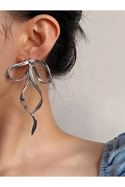 şira sirius Women's Trend Long Bow - Ribbon Silver Color Earrings