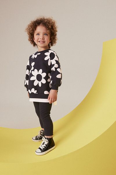Next Baby Size Cotton Daisy Patterned Long Sleeve Set - Black and White