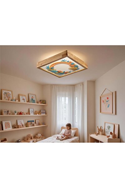 wood design world çocuk odası 60x60 cm Ahşap Çerçeve avize Led aydınlatma pla...