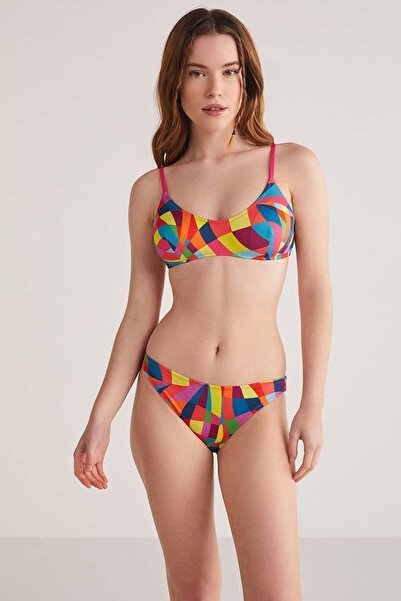 Kom Rainbow Geometrik Desen Hafif Toparlayıcı İnce Kaplı Bikini