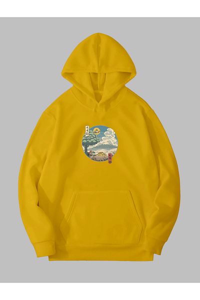 Harmandar Totoro Cat Printed Unisex Yellow φούτερ - Hoodie με τσέπη καγκουρό και κουκούλα