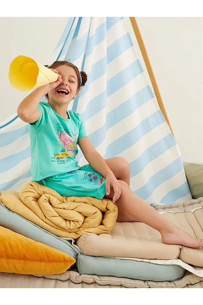LC Waikiki LCW Παιδικό Σετ Πιτζάμες Κοριτσίστικο Σορτς - Aquagreen, Crew Neck, Κοντό μανίκι
