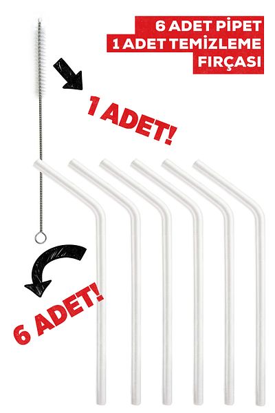 Gündüz Ticaret 6-piece Glass Inclined Straws and Cleaning Brush - Transparent