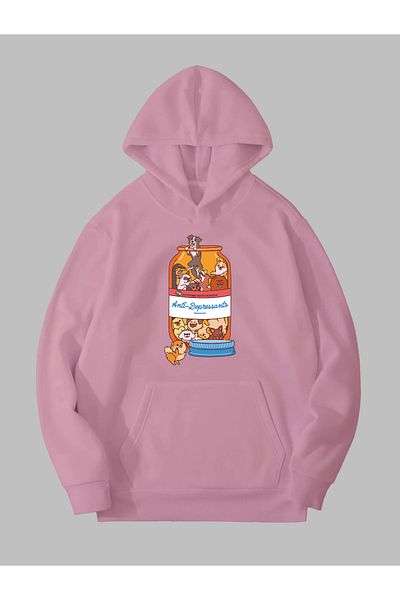 Harmandar Unisex ροζ φούτερ με μοτίβο σκύλου κατά της απαγωγής - Τσέπη καγκουρό και κουκούλα