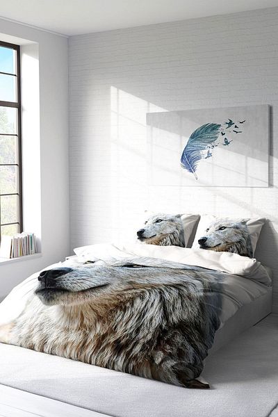 PerlaSera 3D Custom Design - Double White Wolf Natural Duvet Cover Set, Tight Woven Cotton Satin