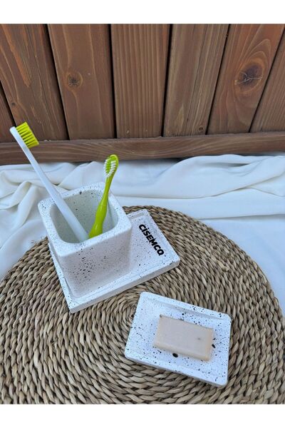 Çisem 3 Piece Concrete Bathroom Set - Soap Dish, Toothbrush Holder and Decorative Presentation Tray